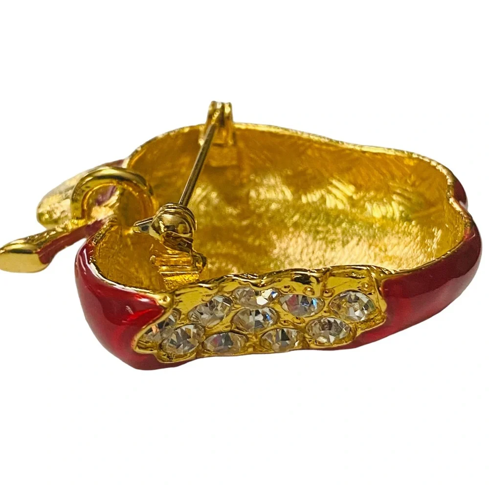 Vintage Brooch Shiny Apple Red Enamel Gold Tone Rhinestone Premier Designs